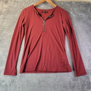 OwnTime Ribbed Burgundy Half Zip Long Sleeve Top‎ Womens M Stretch Fitted Tee